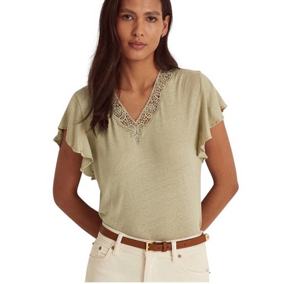 Lauren Ralph Lauren Linen-Blend Jersey Flutter-Sleeve Blouse Ranch Sage - Picture 1 of 6